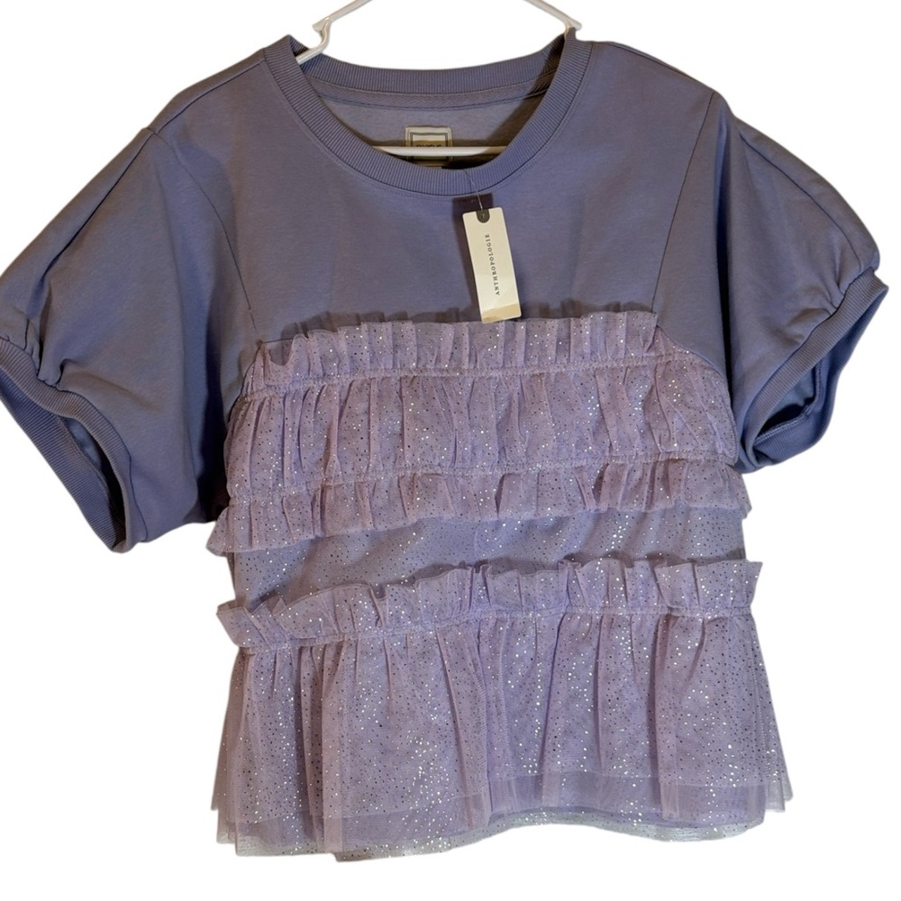 Anthropologie Tulle-Hem Ruffle Sweatshirt XS Lavender NWT